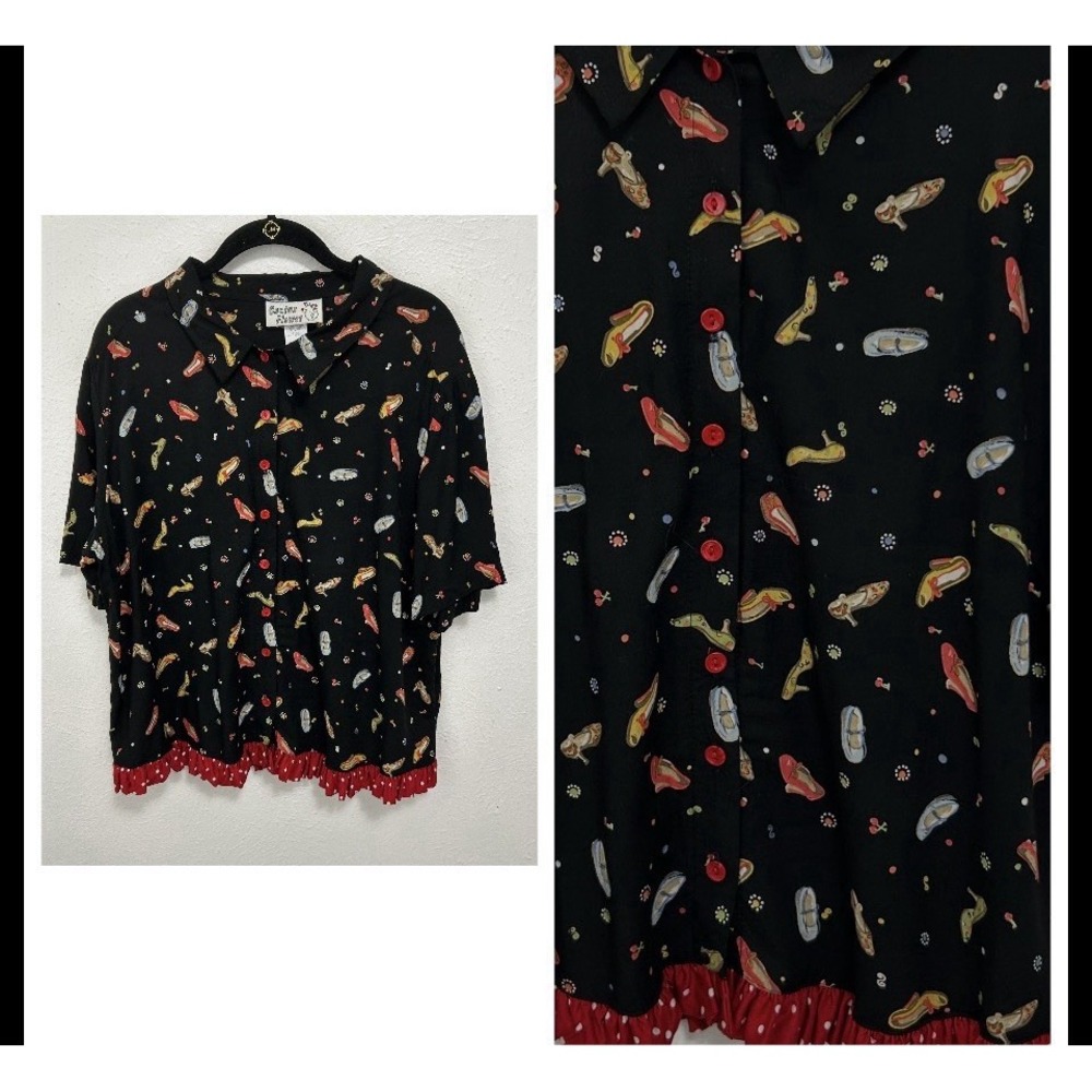 VTG‎ 80s Cactus Flower Women's Heels Shoes Novelty Print Blouse Ruffle Trim Sz S